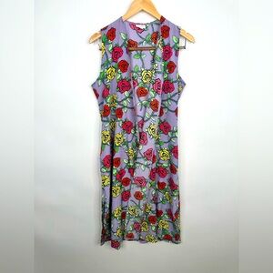 LulaRoe Purple Red Rose Vest long‎ duster Open Front Cardigan Floral Rose Sz M